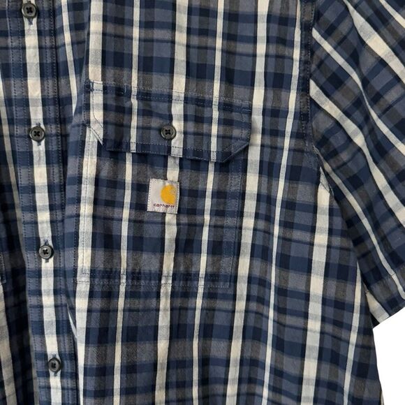 Carhartt Men 2XL Loose Fit Blue Plaid Button Down Shirt Short Sleeve Workwear - Picture 6 of 9